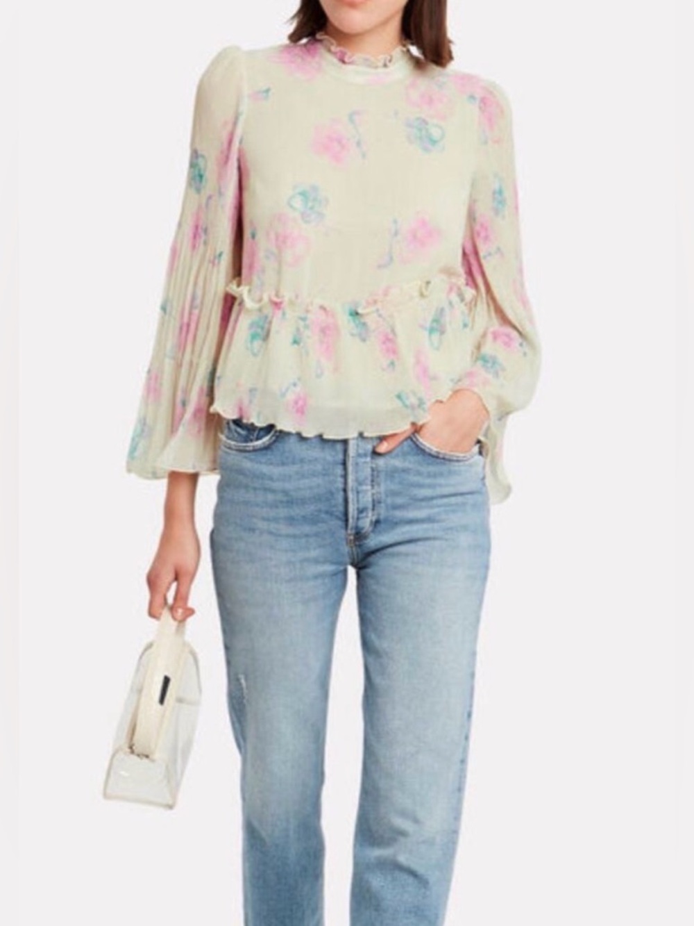 Ganni Cream Blouse with Pink & Blue Floral Print
